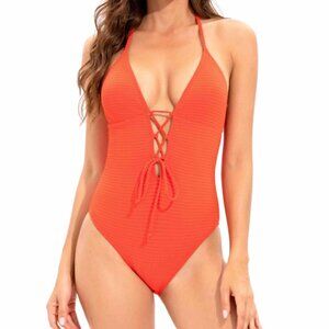 Lucky Brand Golden Wave Textured Plunging Lace-up Swimsuit